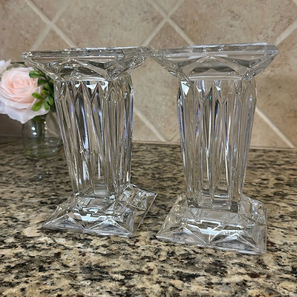 TWO Gorgeous Crystal Flower Vases Vase Set - Square Cut